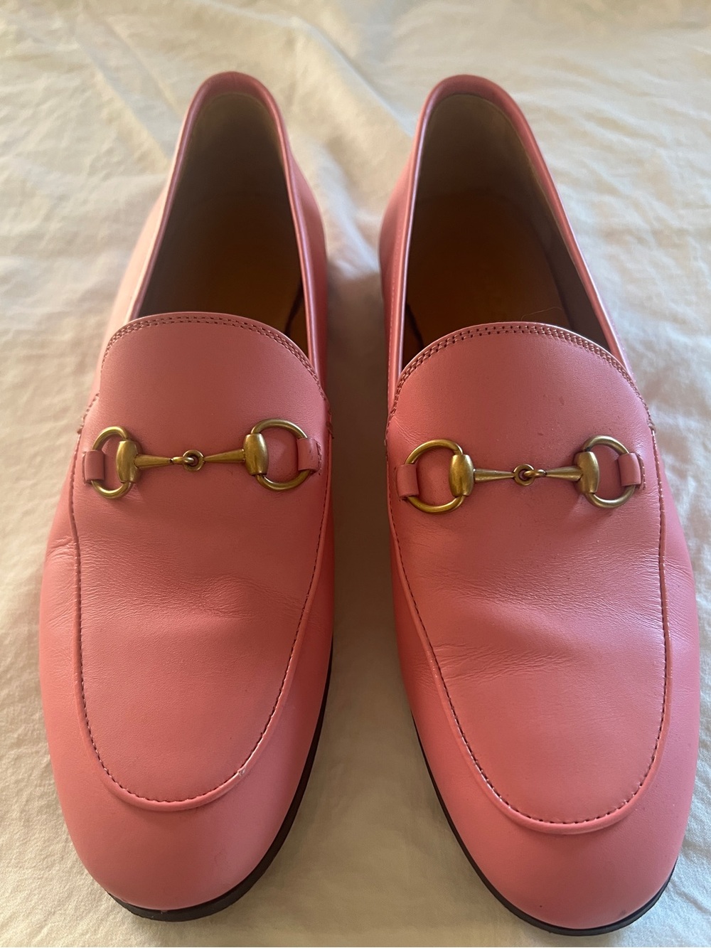 Gucci Pink Leather Horsebit Loafers - Gold Hardware